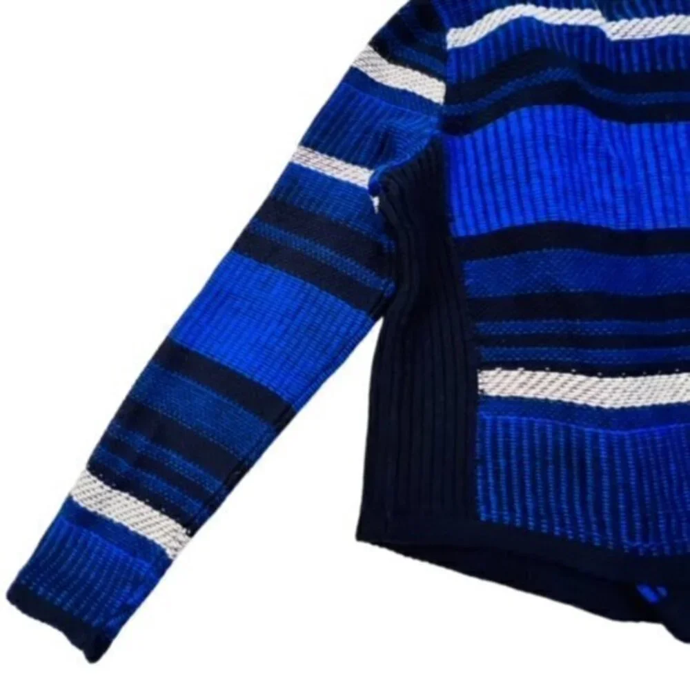 LOFT Womens Striped SOFT Knit MOTO Jacket Asymmetrical Zip Blue Black CITY‎ EUC